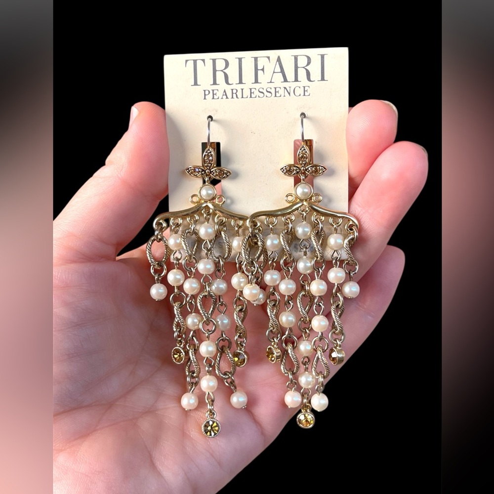 NEW Trifari Pearlessense Gold and Faux Pearl Chandelier Drop Earrings